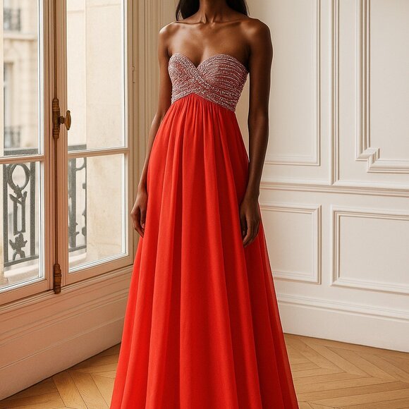 NWT La Femme Coral & Silver sequined chiffon gown size 4 (with flaw) - Picture 1 of 16